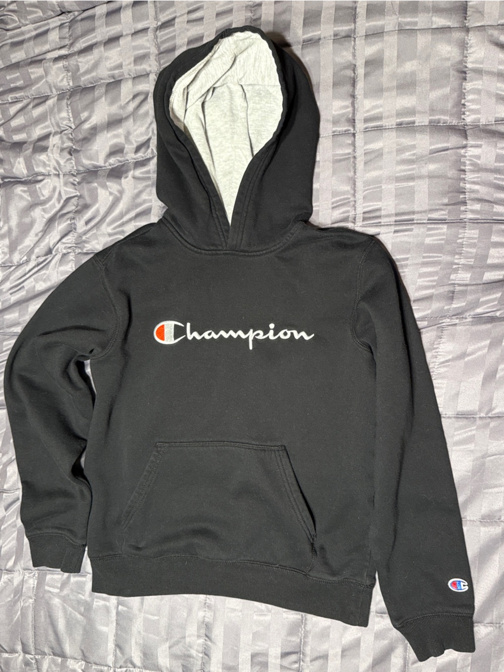 Champion Black Crewneck Sweatshirt with White Script and Red Logo Accent